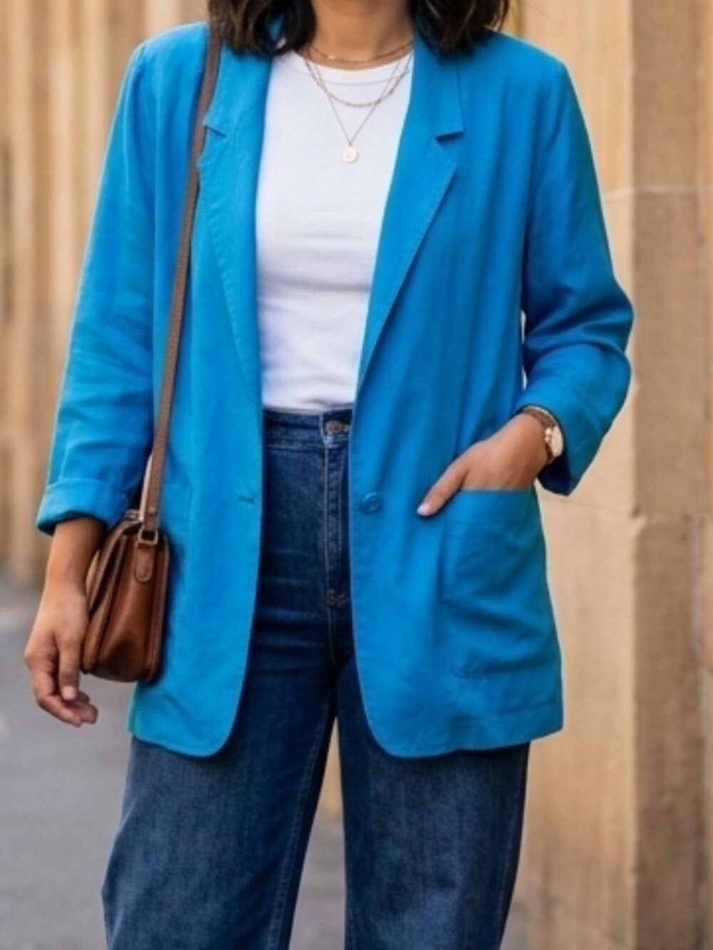 Bianca Vintage Women's Silk Blue Boyfriend Blazer Oversized Relaxed Jacket